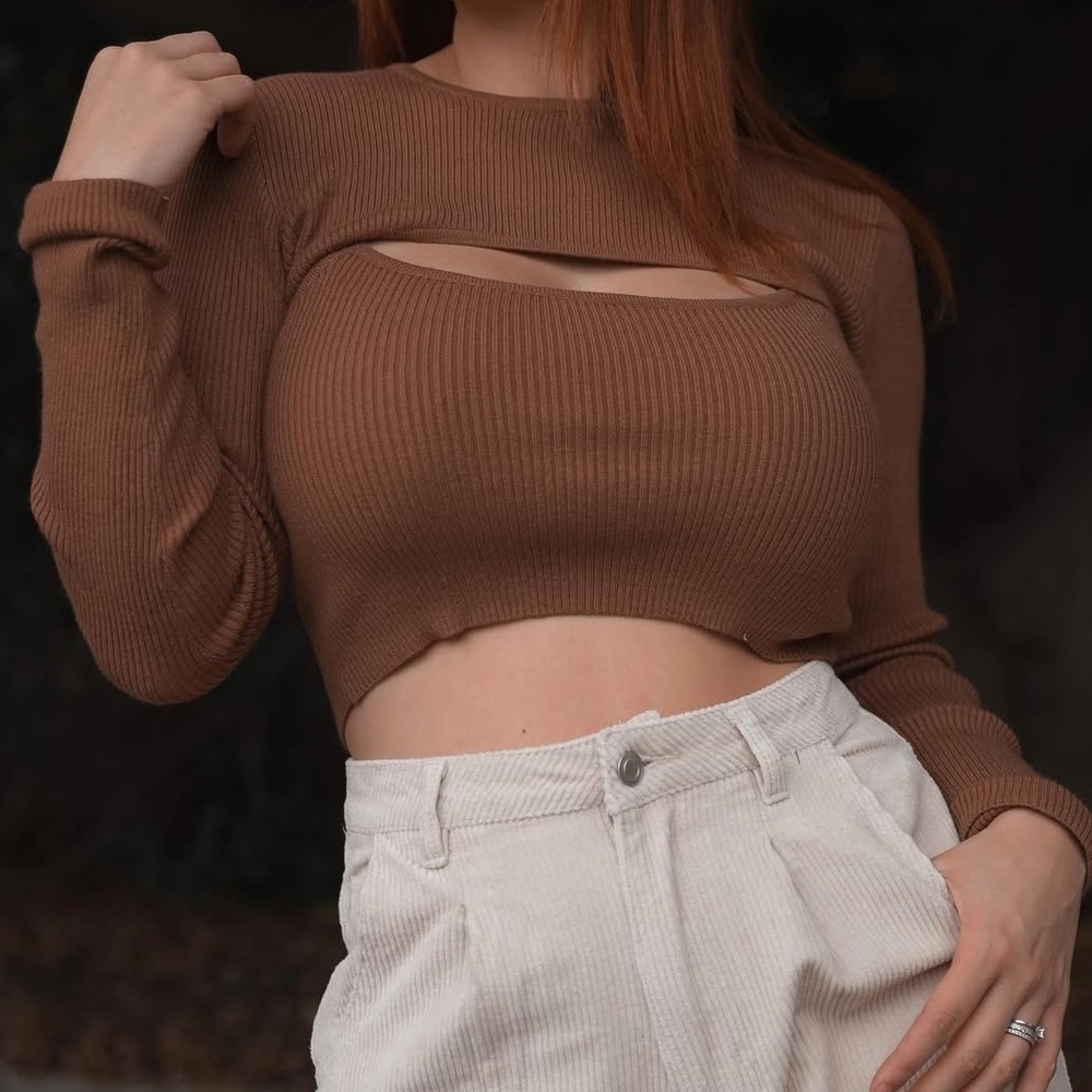 Brown Ribbed Two Piece Long Sleeve Crop Top